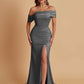 Elegant Soft Satin Mermaid Off Shoulder Asymmetrical Side Slit Floor-Length Bridesmaid Dresses