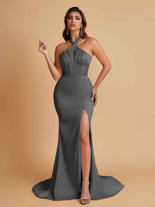 Elegant Soft Satin Mermaid Halter Side Slit Floor-Length Bridesmaid Dresses Online
