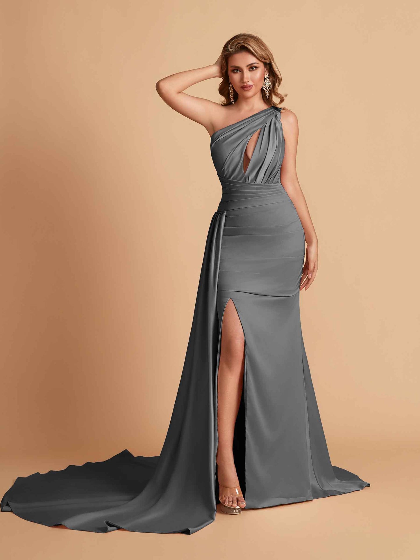 Sexy Satin Mermaid One Shoulder Side Slit Long Bridesmaid Dresses