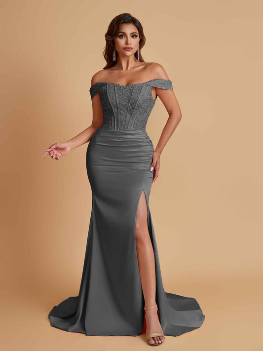 Elegant Soft Satin Mermaid Off Shoulder Side Slit Floor-Length Mermaid Bridesmaid Dresses