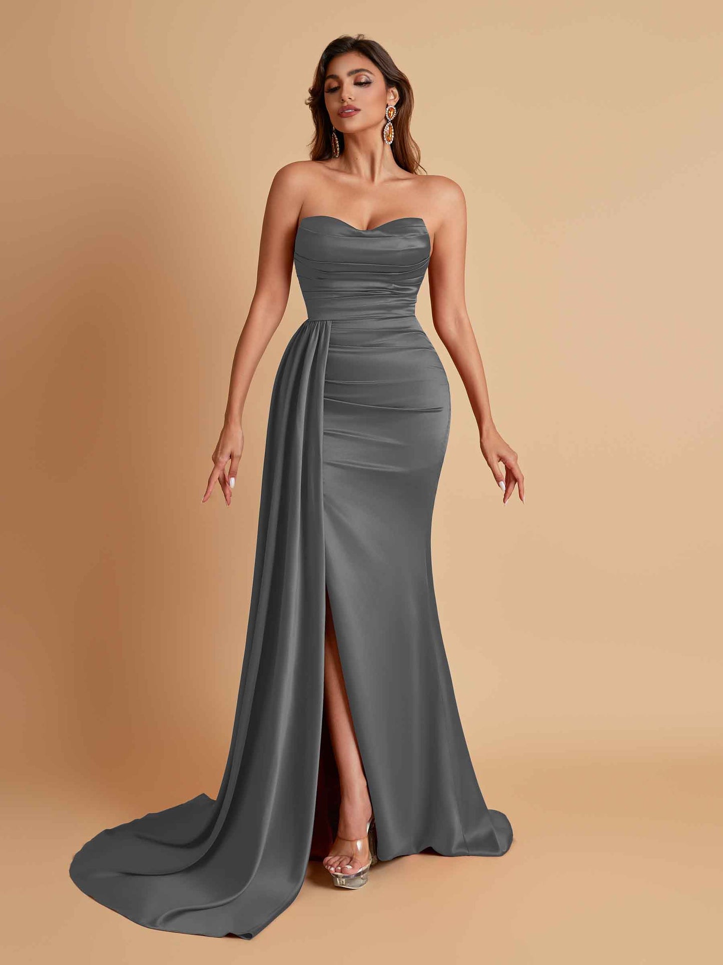Elegant Soft Satin Sweetheart Strapless Side-Slit Mermaid Bridesmaid Dresses