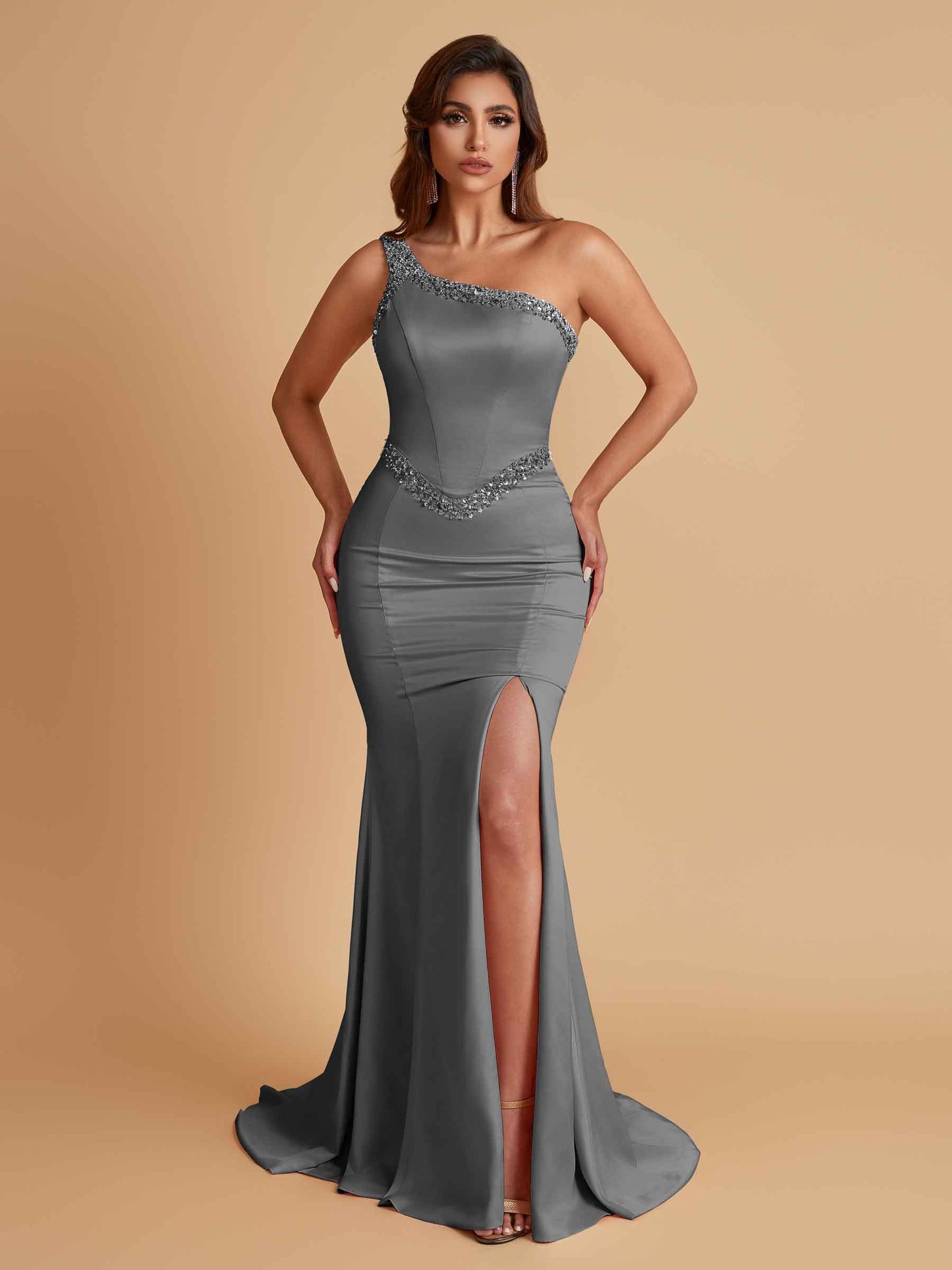 Sexy Soft Satin Mermaid One Shoulder Side Slit Beading Floor-Length Bridesmaid Dresses Online