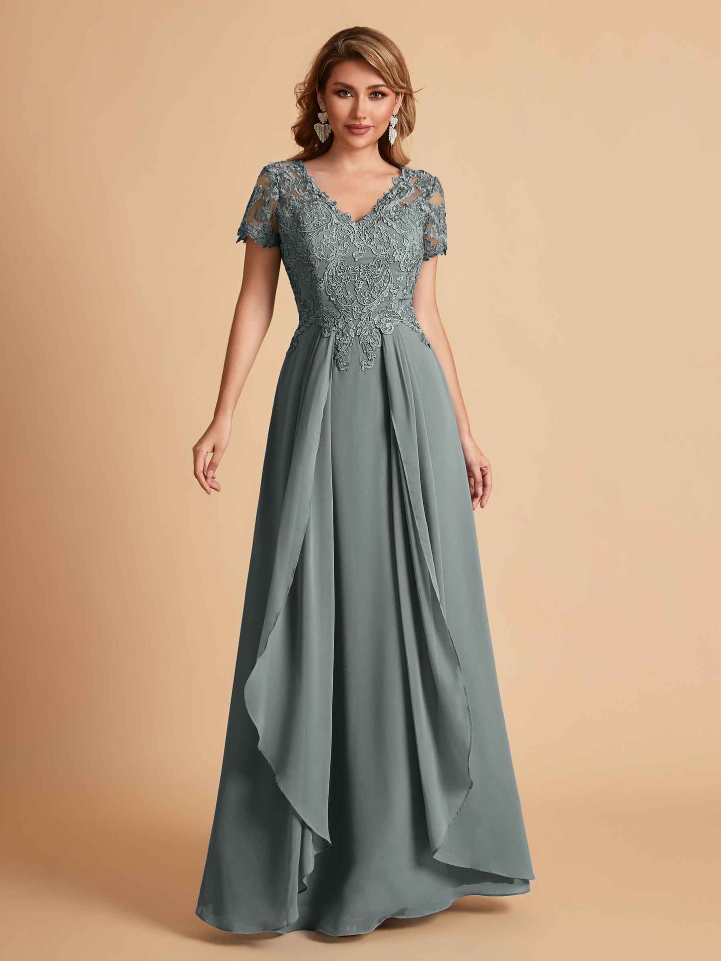 Elegant A-Line Chiffon Short Sleeves V-neck Mother of the Brides Dresses Lace Top MOB Dresses
