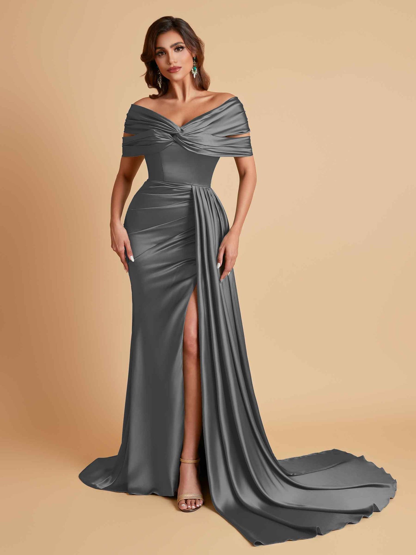 Elegant Soft Satin V-neck Off-the-Shoulder Side-Slit Mermaid Bridesmaid Dresses