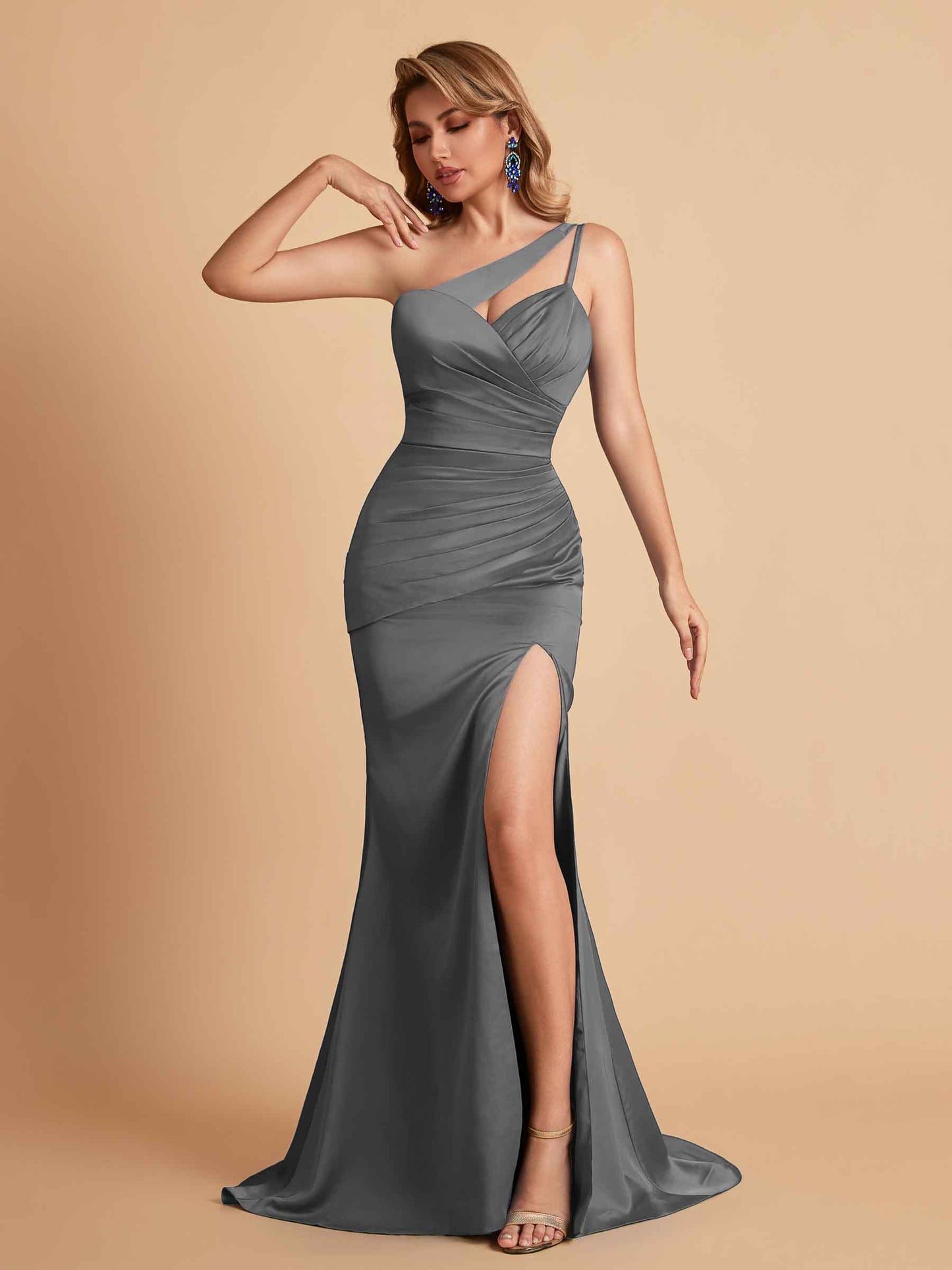 Elegant Satin One Shoulder Mermaid Side Slit Floor Length Bridesmaid Dresses