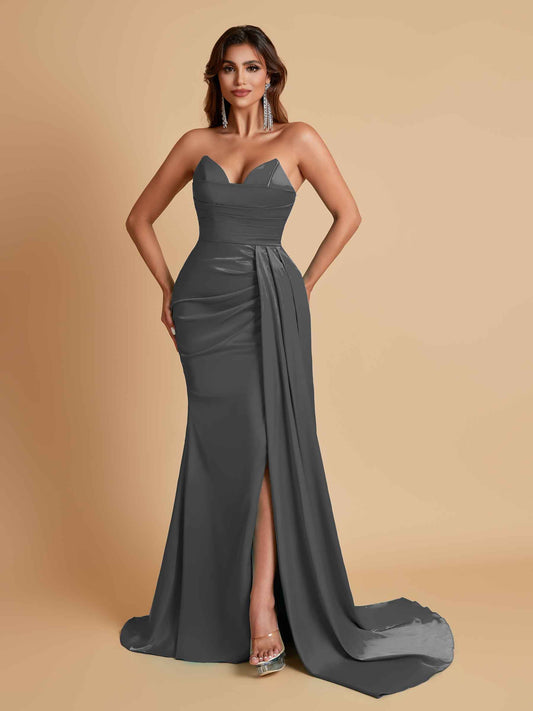 Gorgeous Strapless Soft Satin Side Slit Floor-Length Mermaid Bridesmaid Dresses