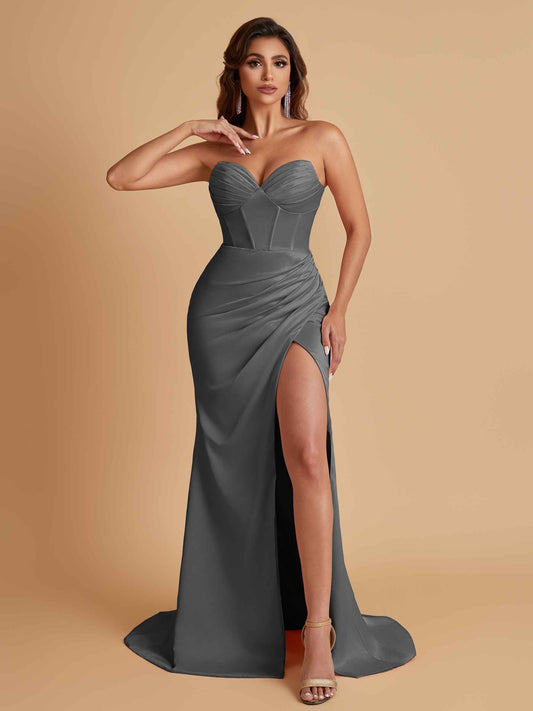 Elegant Soft Satin Mermaid V-neck Side Slit Floor-Length Bridesmaid Dresses Online