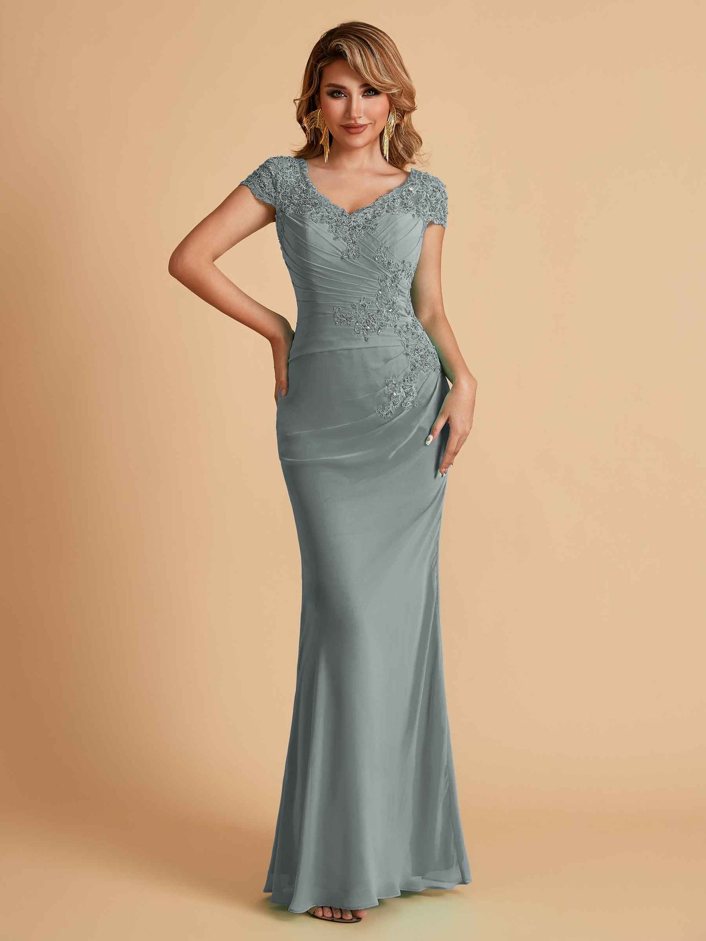 Elegant Mermaid Chiffon Cap Sleeves V-Neck Mother of the Brides Dresses Online