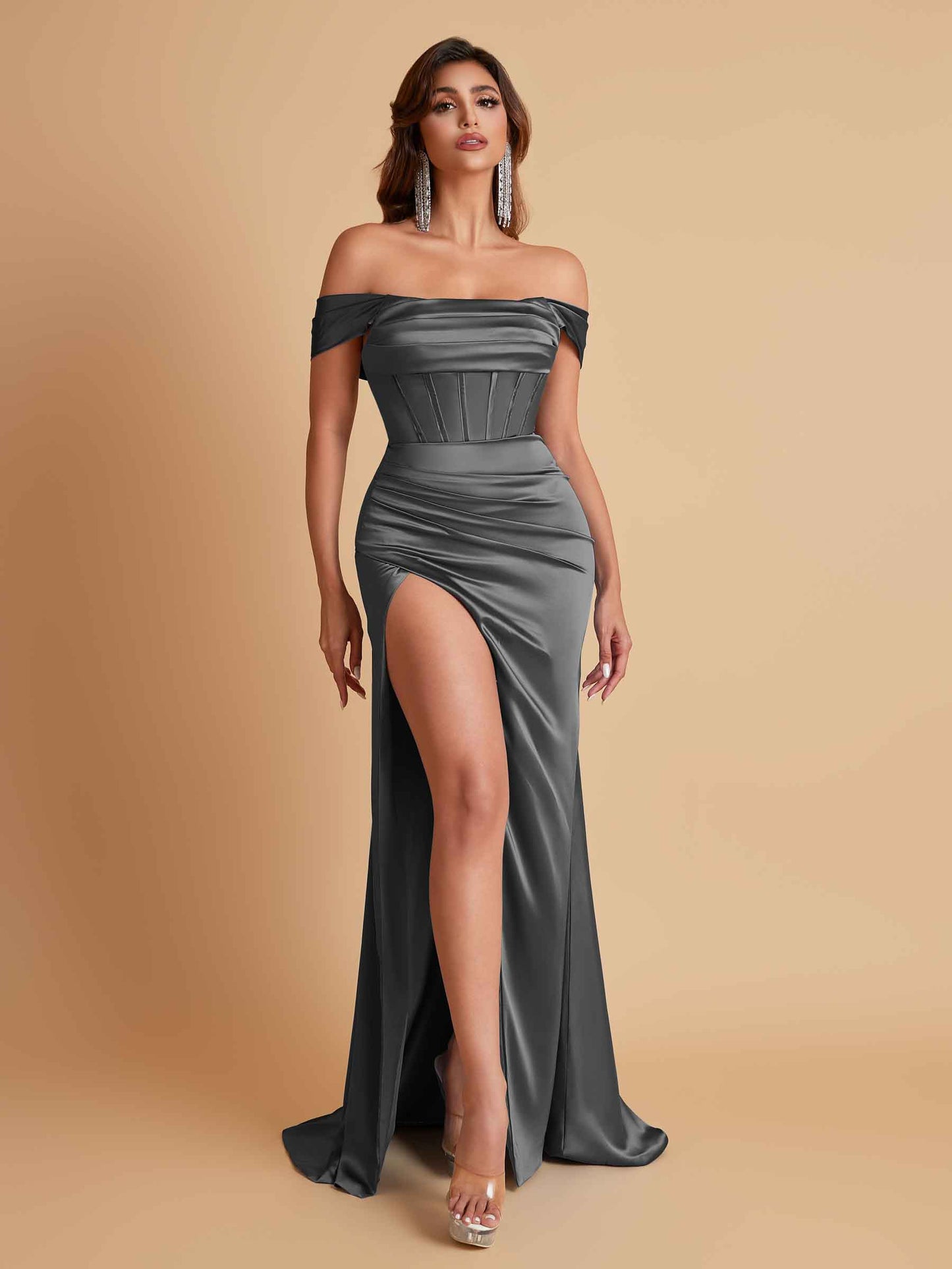 Sexy Off the Shoulder Soft Satin Side Slit Floor-Length Mermaid Bridesmaid Dresses