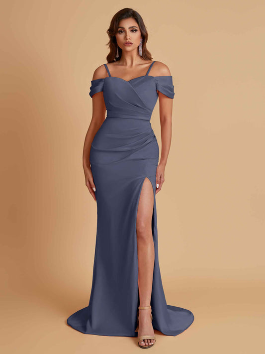 Sexy Soft Satin Mermaid Cold Shoulder Side Slit Floor-Length Bridesmaid Dresses Online