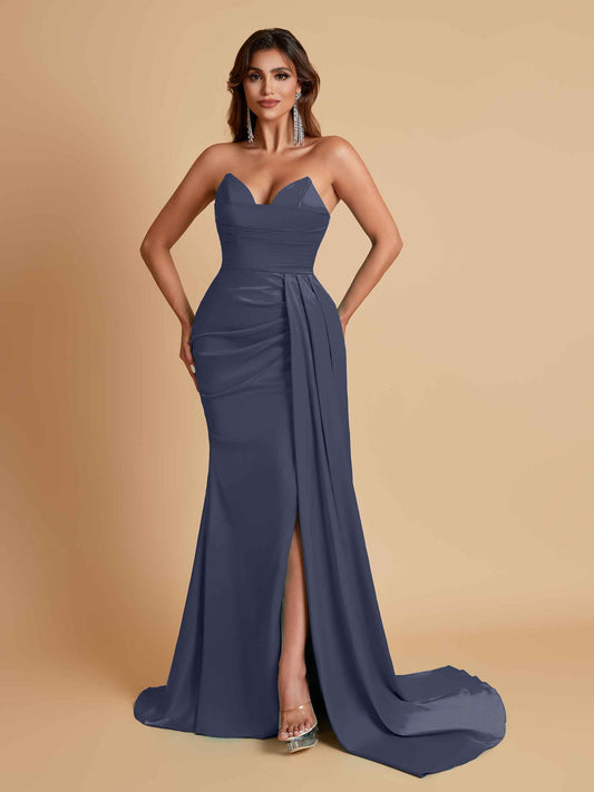 Gorgeous Strapless Soft Satin Side Slit Floor-Length Mermaid Bridesmaid Dresses