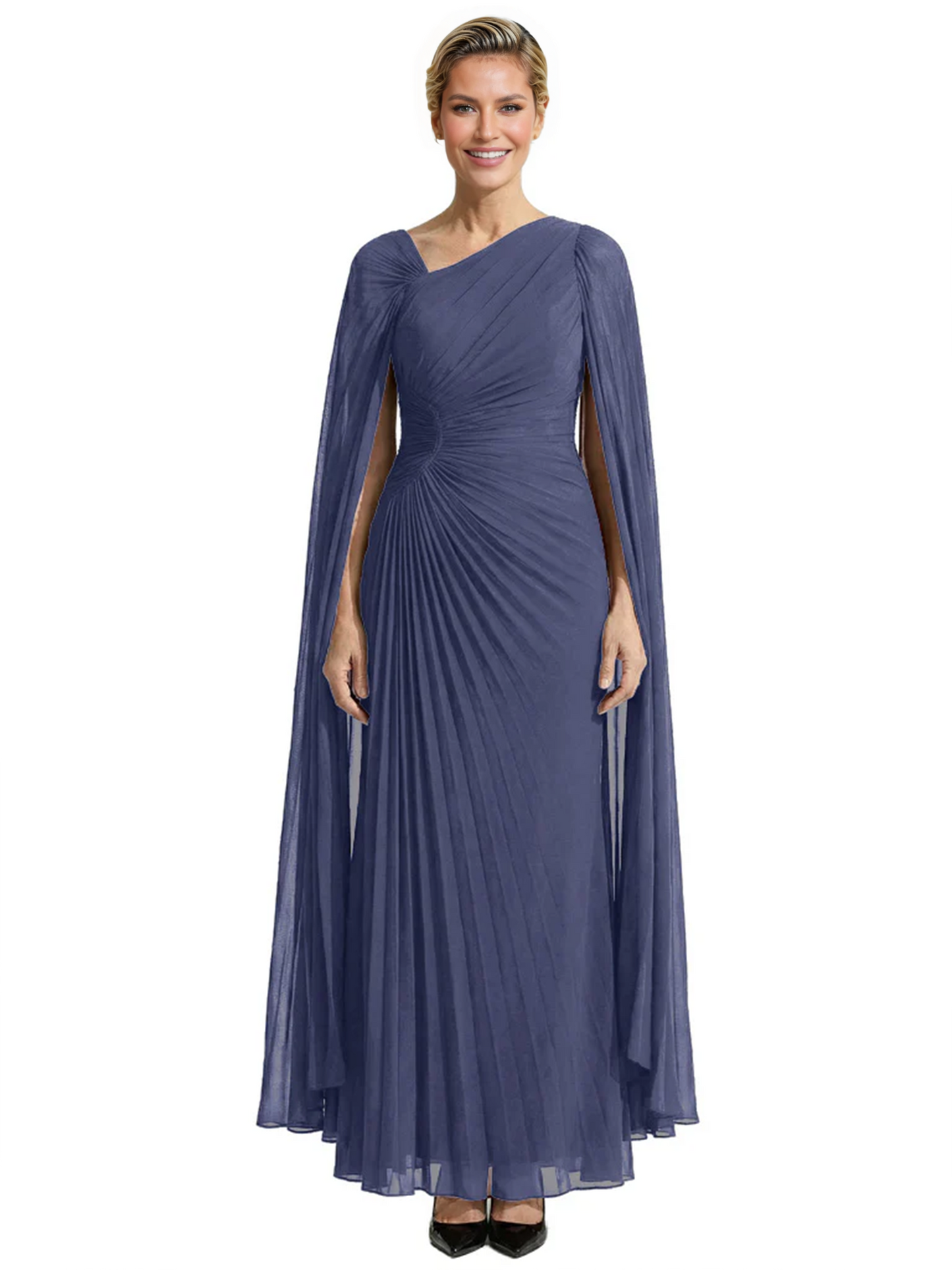 Elegant Asymmetric Neck Long A-Line Chiffon Mother of the Brides Dresses Mom Outfit with Cape