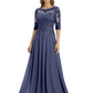 Illusion Neck Mother of the Bride Dress Half Sleeve Lace Applique Gowns Chiffon