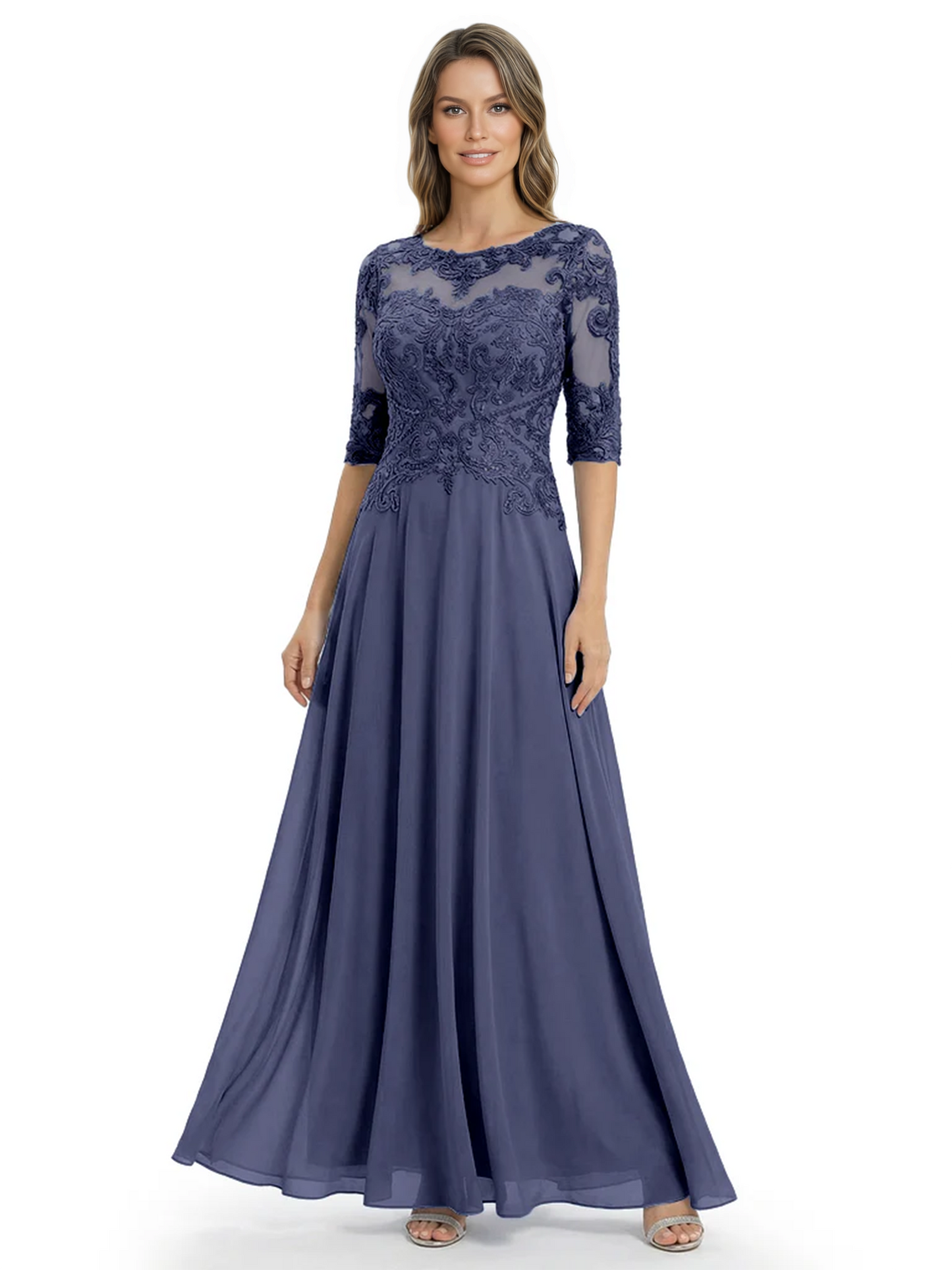 Illusion Neck Mother of the Bride Dress Half Sleeve Lace Applique Gowns Chiffon