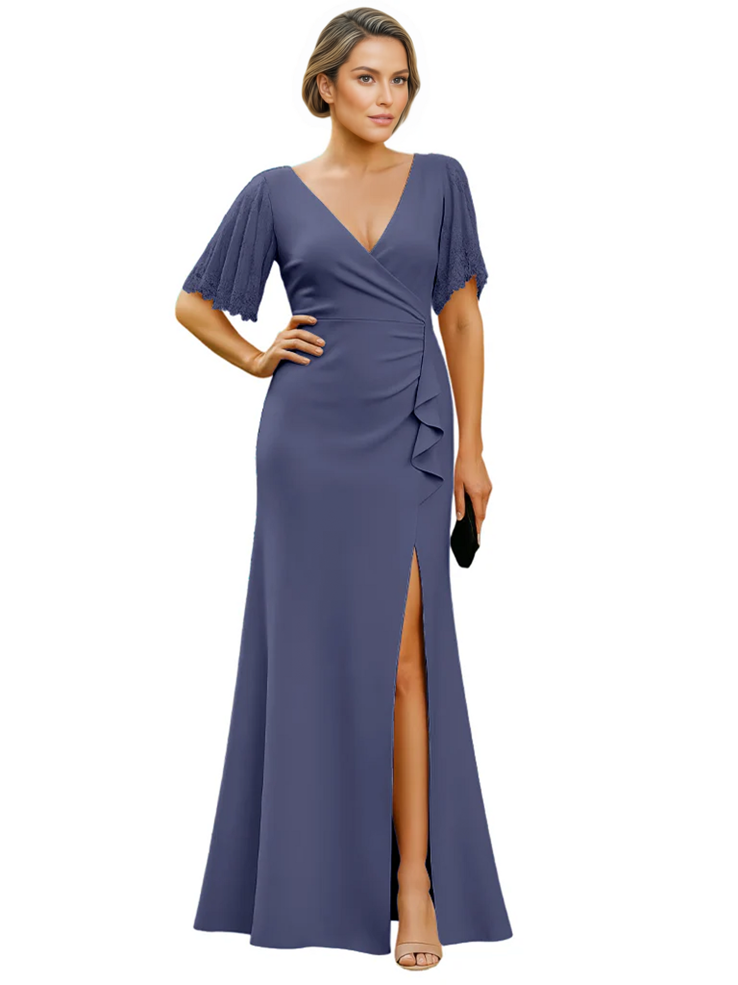 Elegant Evening Gown Trending V-Neck & Ruffle Detail Mother of Bride Outfits Slit