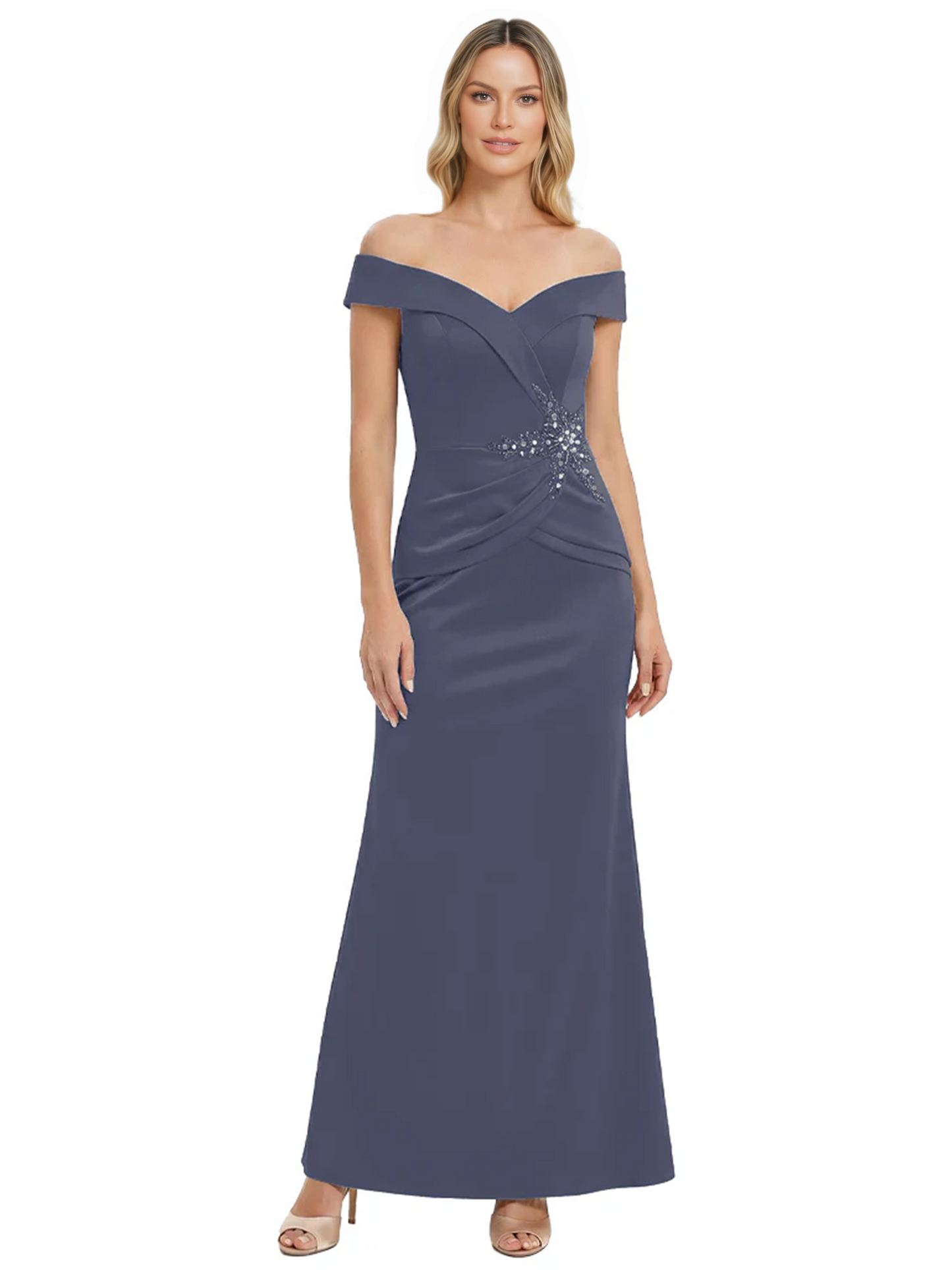 Off Shoulder Mother of the Bride Dress Beaded Waist Satin Gown Portrait Neckline