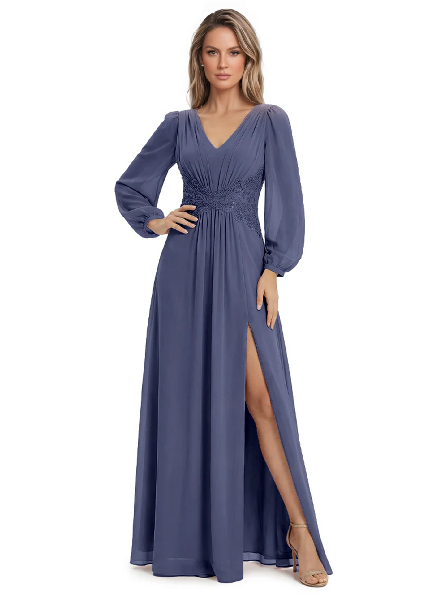A-Line Mother of Bride Dress V-Neck Chiffon Gown Long Sleeves Slit Formal Dress