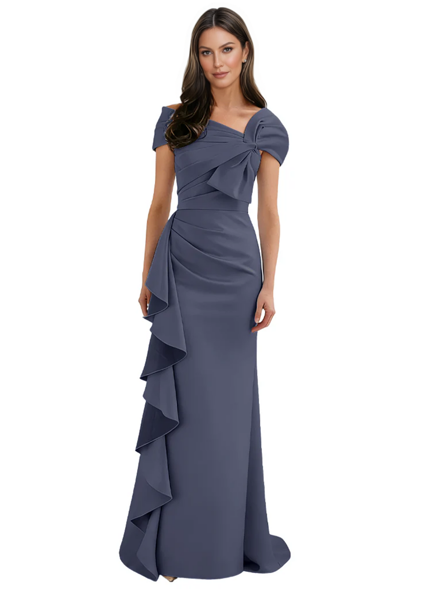 Elegant Mother of Bride Dress Formal Gowns Mermaid Ruffle Floor Length Asymmetric Neckline