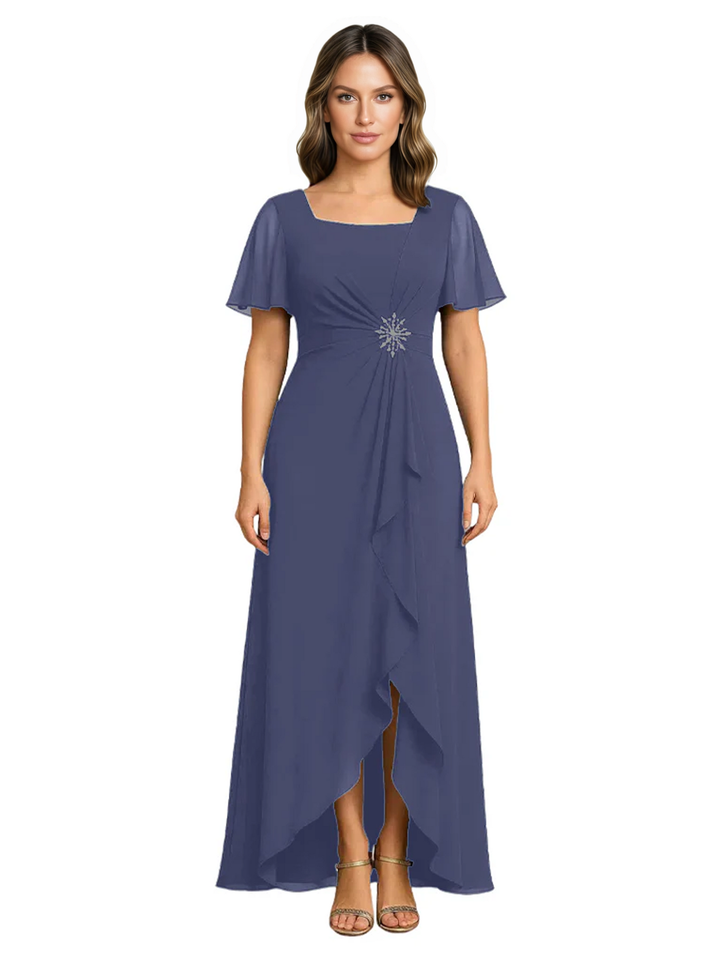 Formal High-Low Mother of the Bride Gown Sleeved Chiffon Maxi Dress Ruched Waist