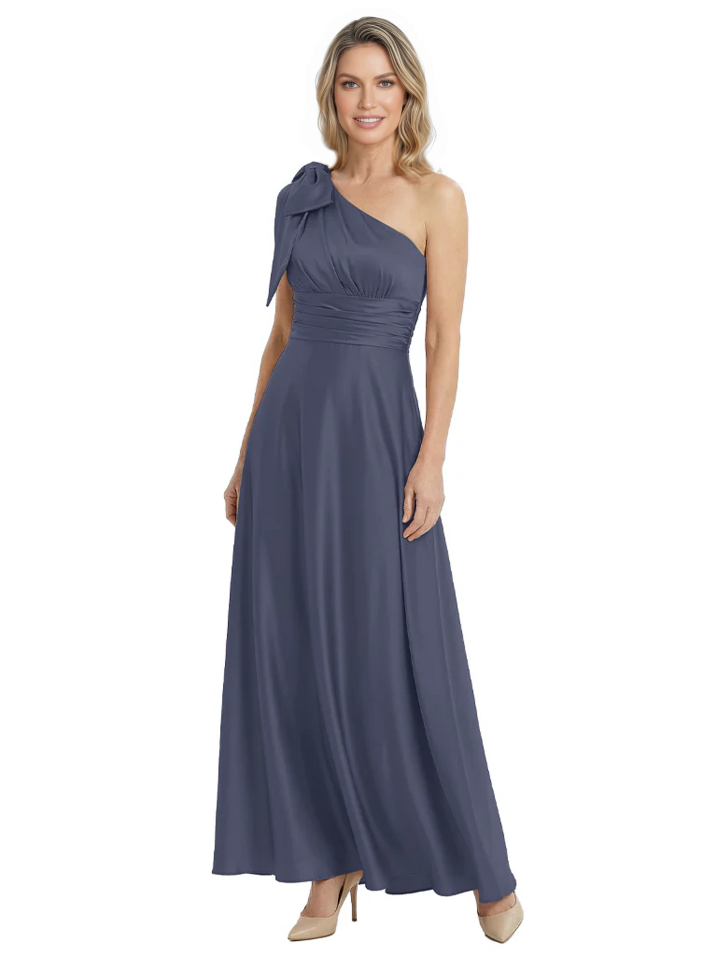 One-Shoulder Mother of the Bride Dress Satin Gown with Bow Ruched Empire Waist