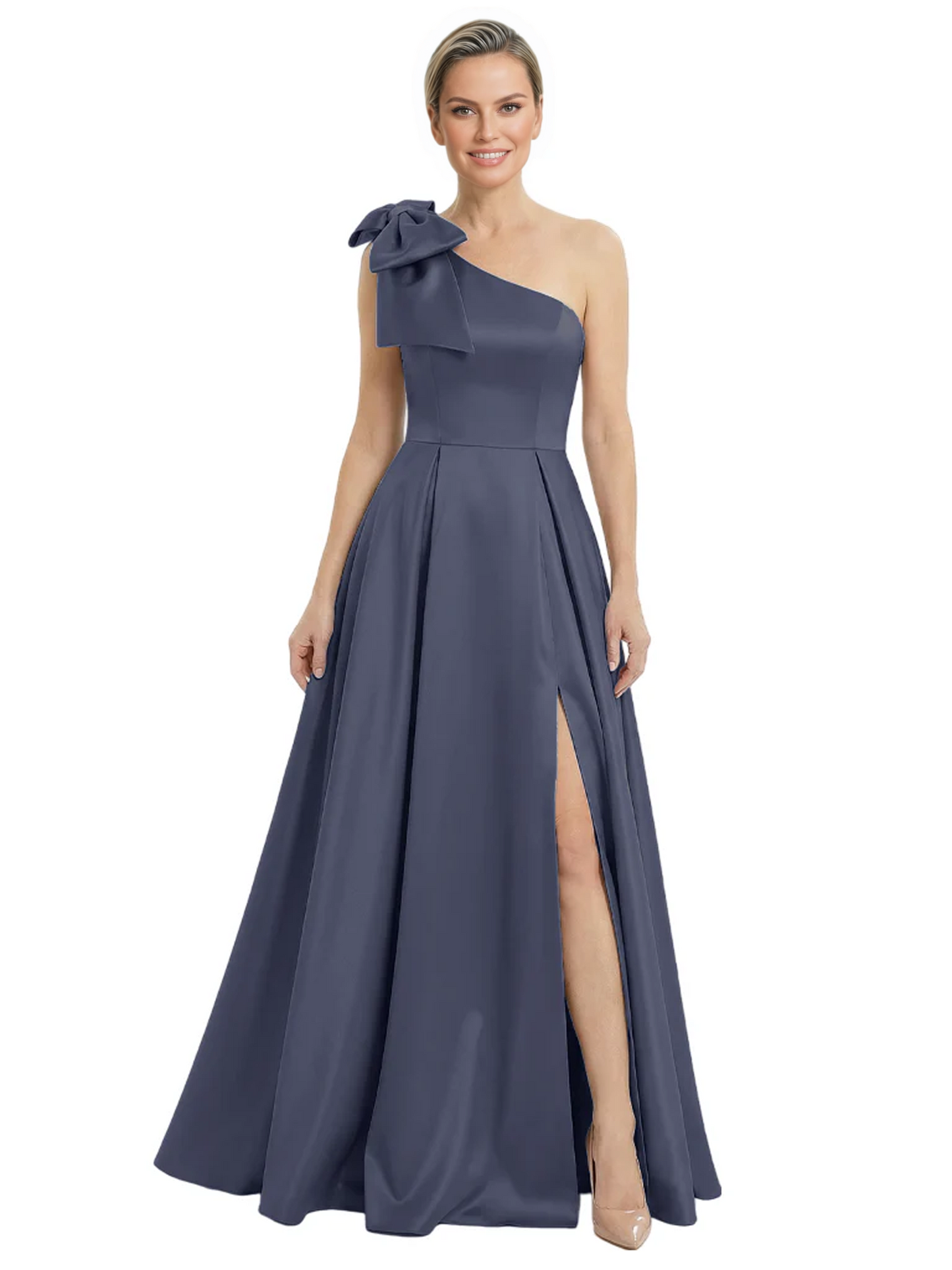 Luxury Bow Black Formal Dress One-Shoulder A-Line Gowns with Sexy Side Slit 2026