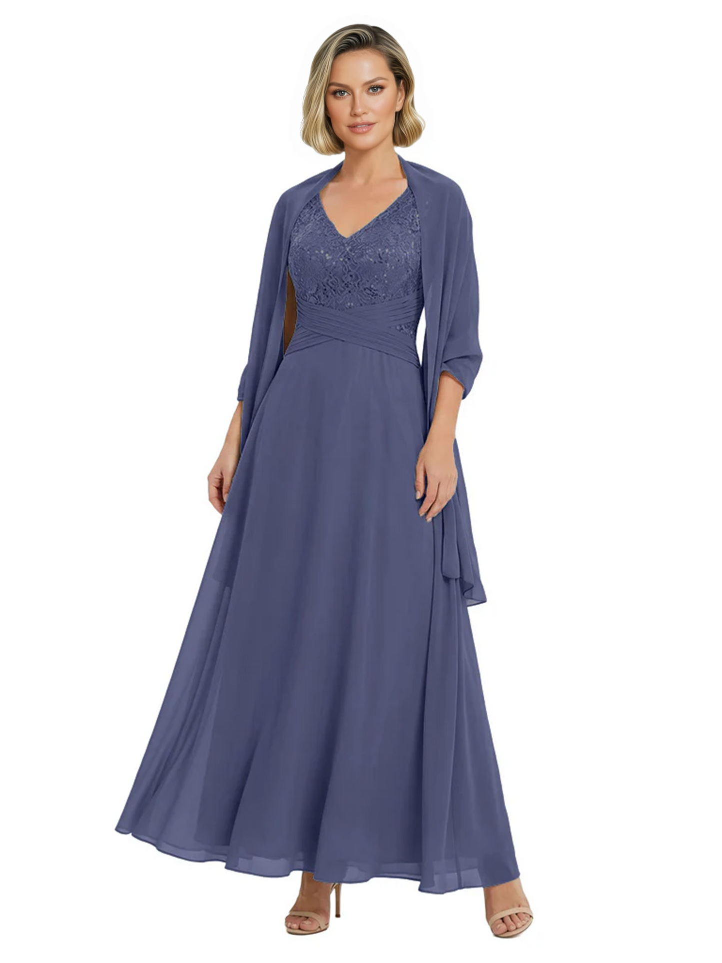 Luxury Formal Mother of Bride Dress Sparkling Sequin Top & Flowy Chiffon Skirt with Shawl