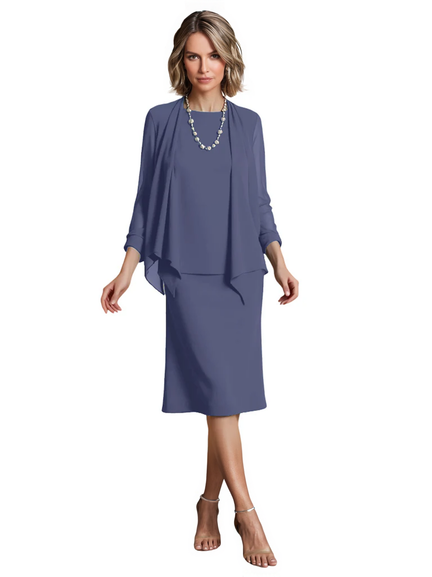 3 PCS Knee-Length Mother of Bride Dresses Prom Dress Evening Dress with Sheer Sleeves and Jacket