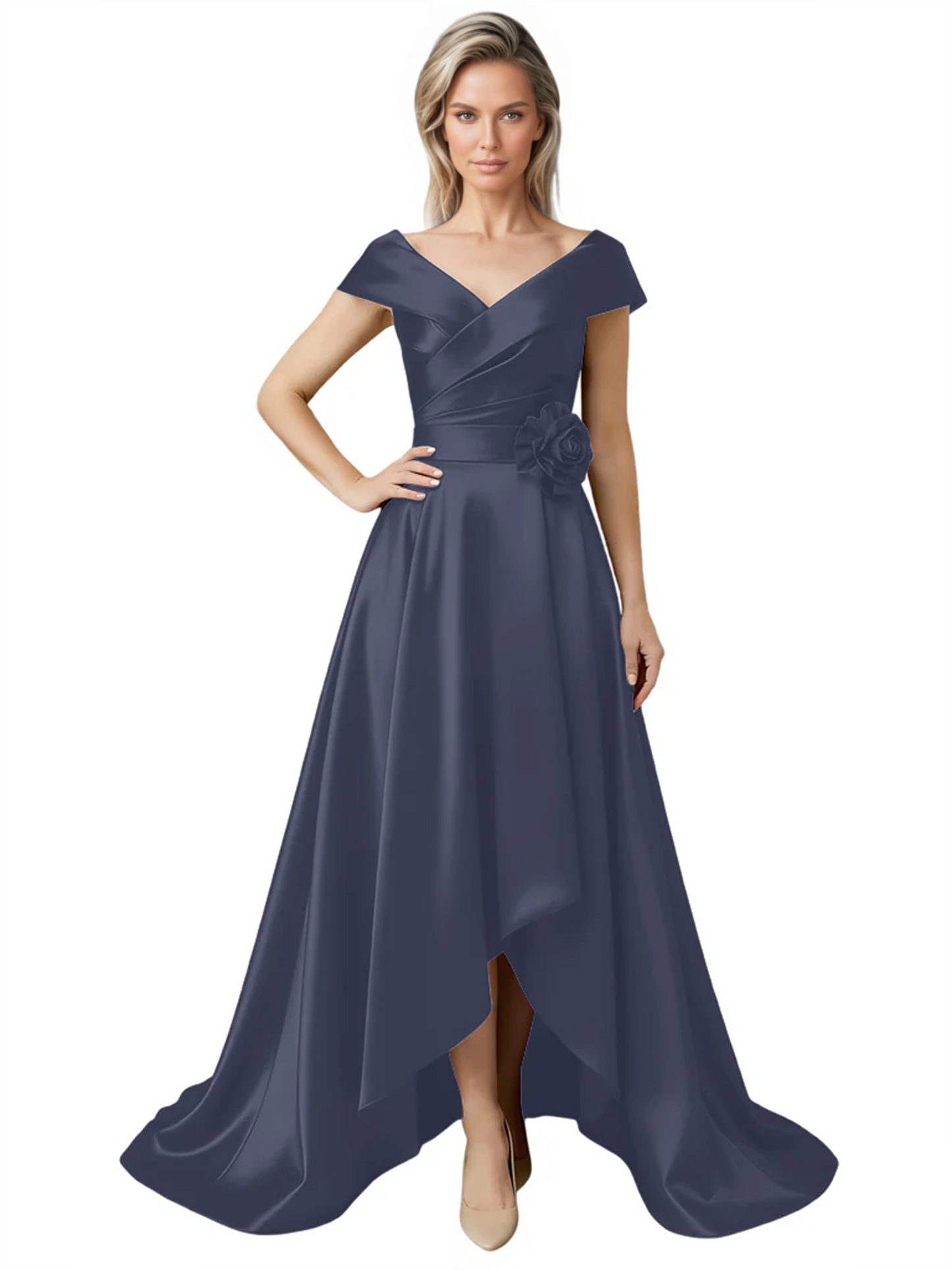 Off Shoulder Mother of the Bride Dress High-Low Satin Gown with Portrait Neckline