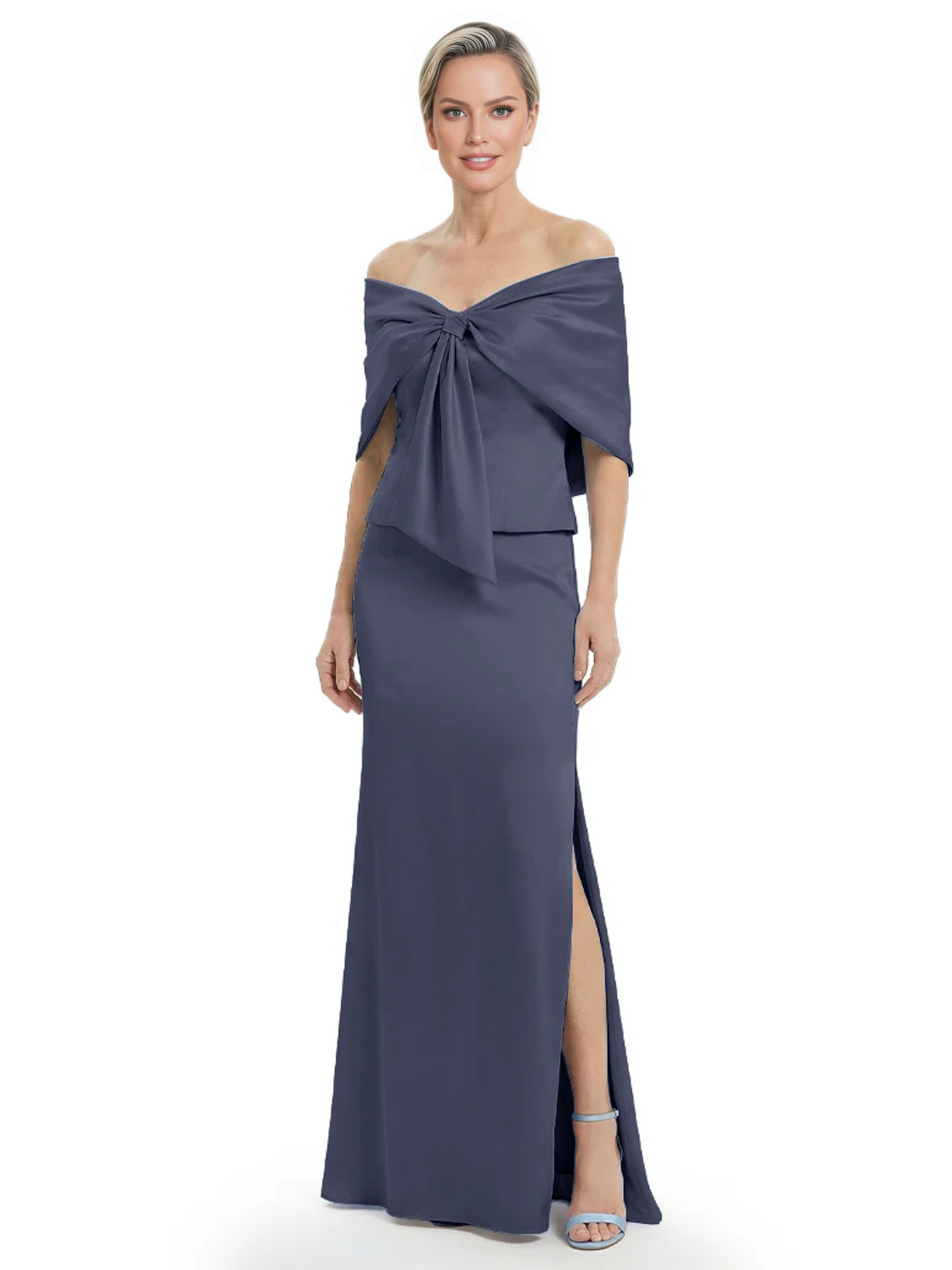 Formal Floor-Length Mother of the Bride Gown Satin Maxi Dress with Bow Neckline