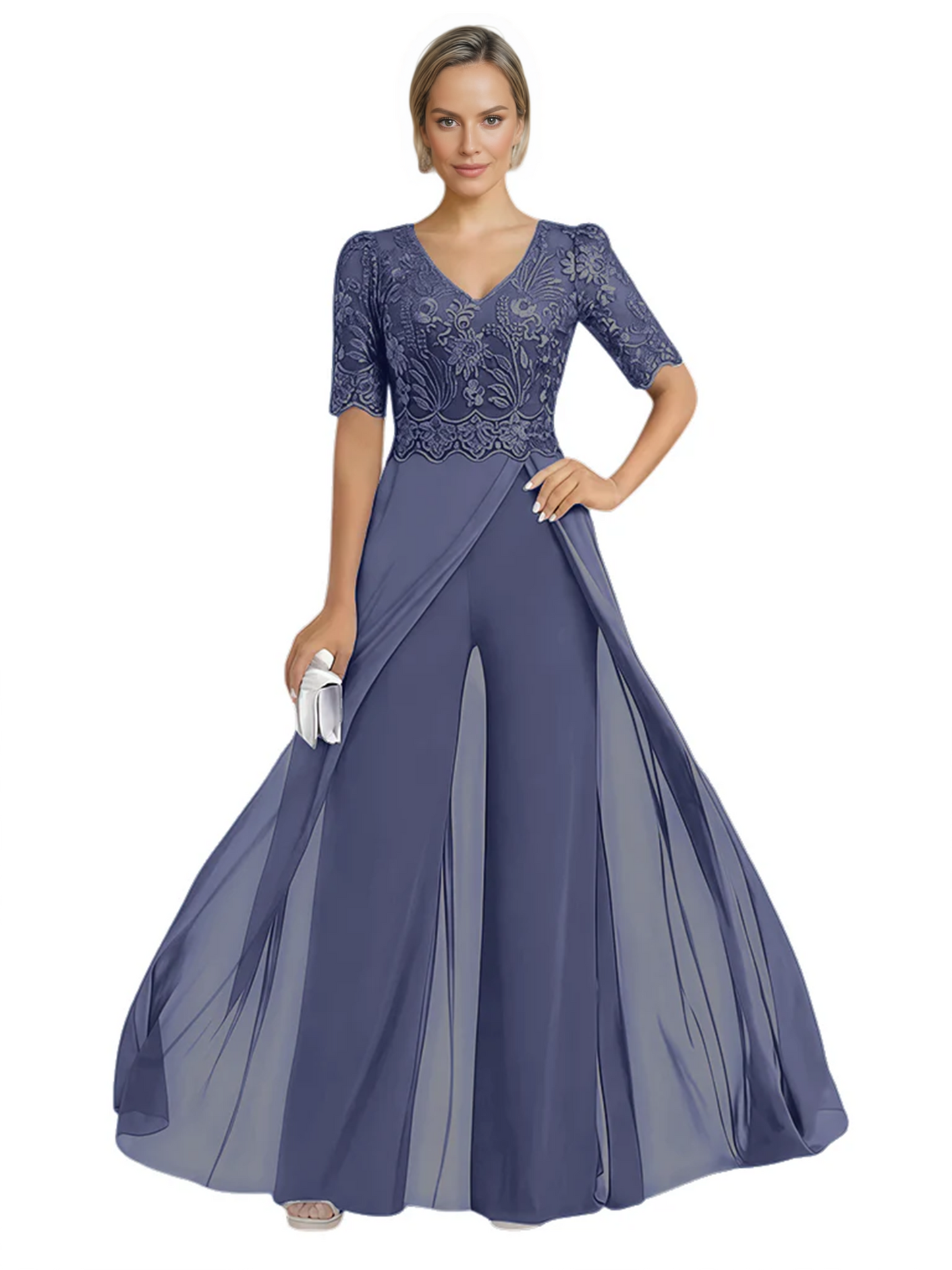 V-Neck Chiffon Mother of the Brides Jumpsuits Dresses Floor Length A-Line Lace