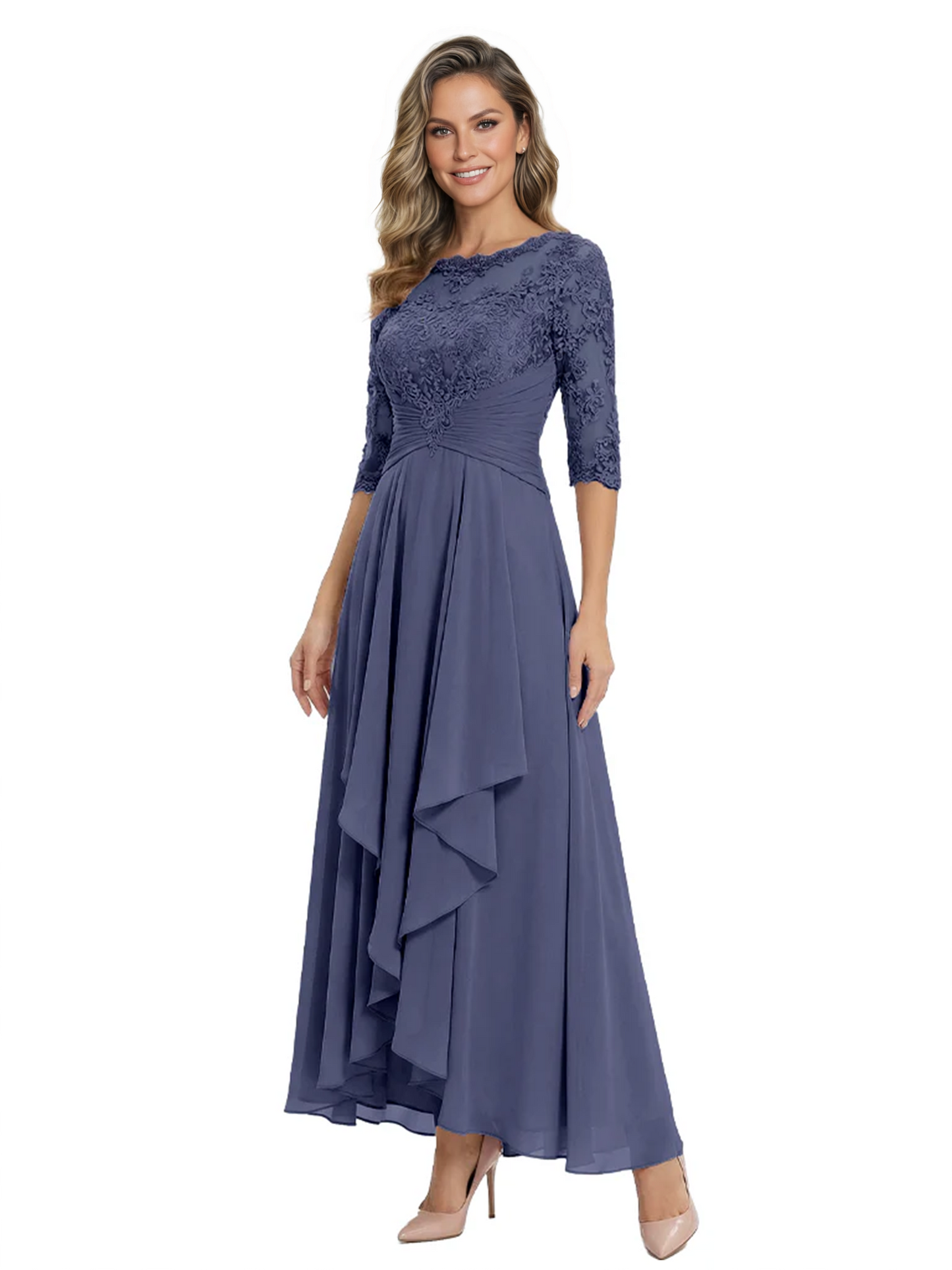 3/4 Sleeve Mother of the Bride Dress with Lace Embroidery High-Low Hem 2026