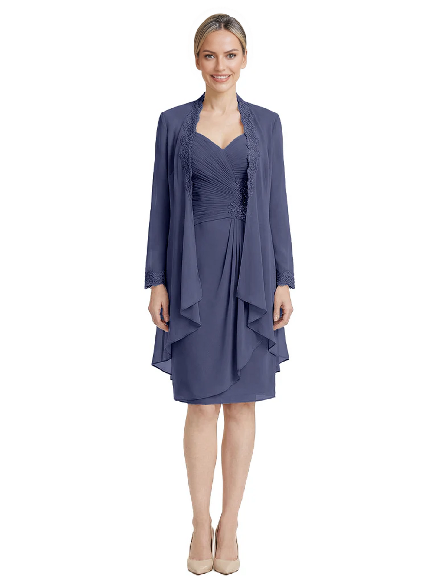 2PCS Knee Length Chiffon Mother of the Brides Dresses Short V-Neck