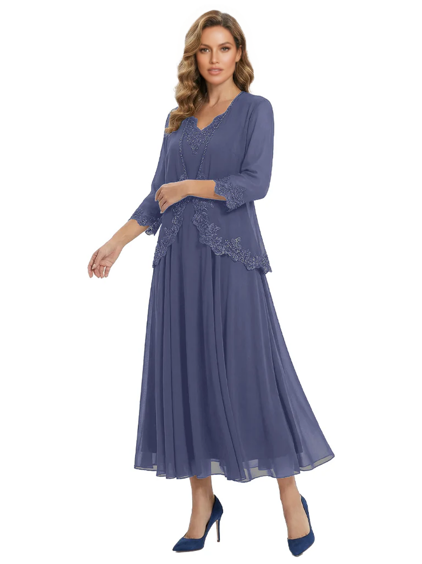 3/4 Sleeve Chiffon Mother of the Brides Dresses V-Neck Wedding Party Gowns