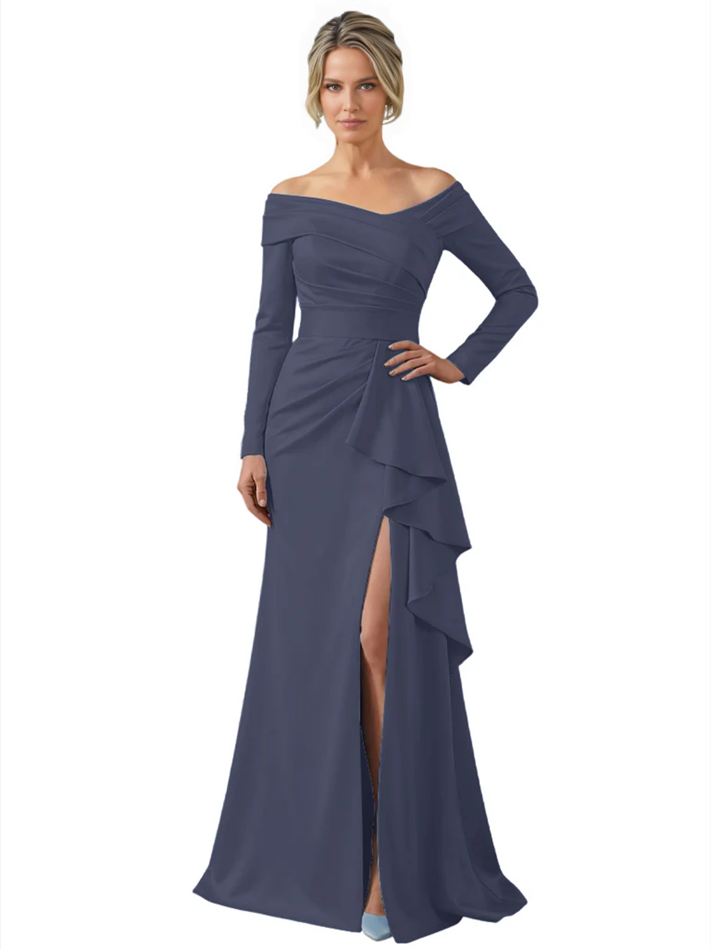 Elegant Mother of the Groom Dress Cascading Ruffle Satin Gown with High Slit Long Sleeves