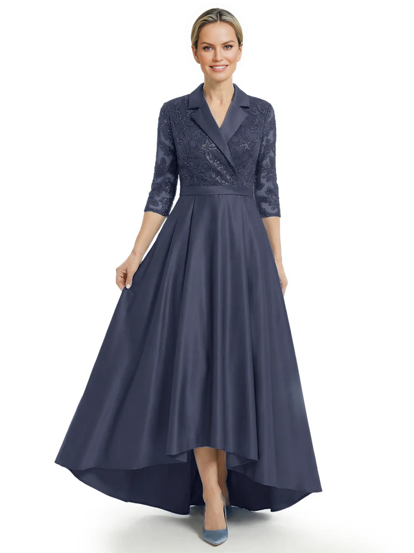 Elegant Mother of Bride Dress Evening Gowns Trending Styles with Lapel Collar 3/4 Sleeves