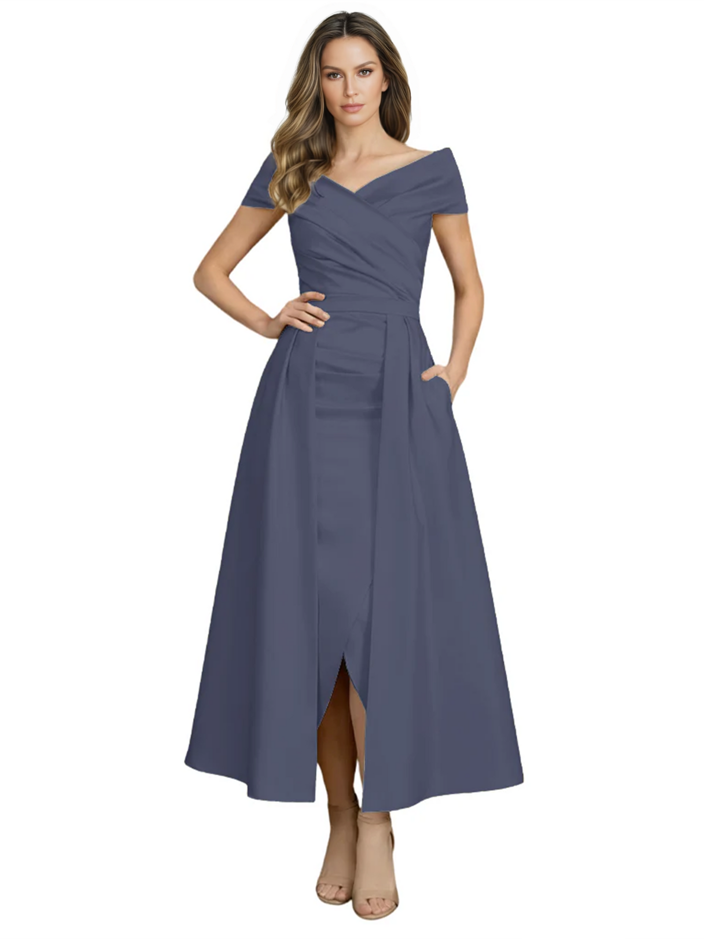 Formal Floor-Length Mother of the Bride Gown Satin Maxi Dress with Slit Off Shoulder