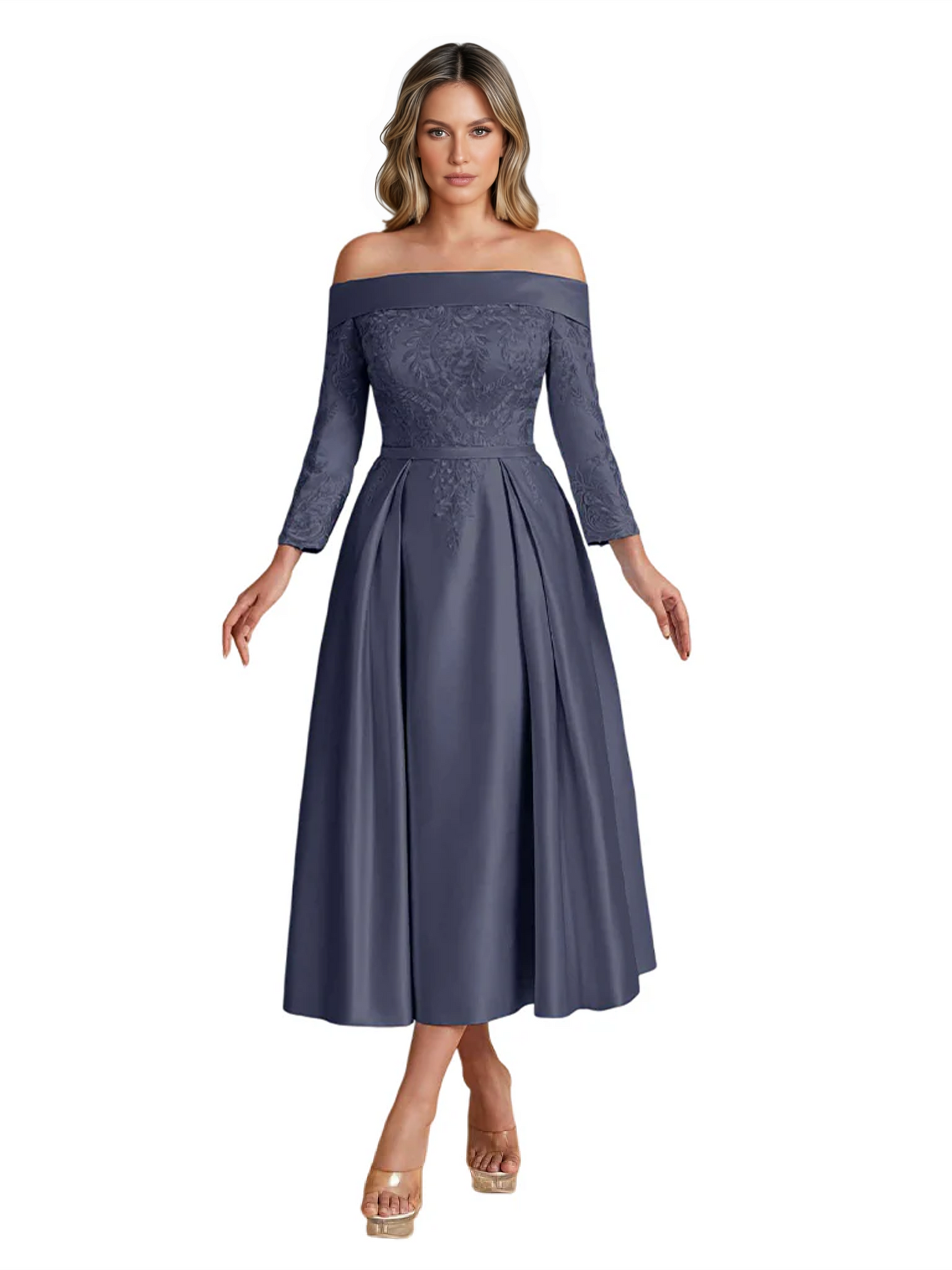 Off Shoulder Mother of the Bride Dress Tea-Length Satin Gown with Lace Applique