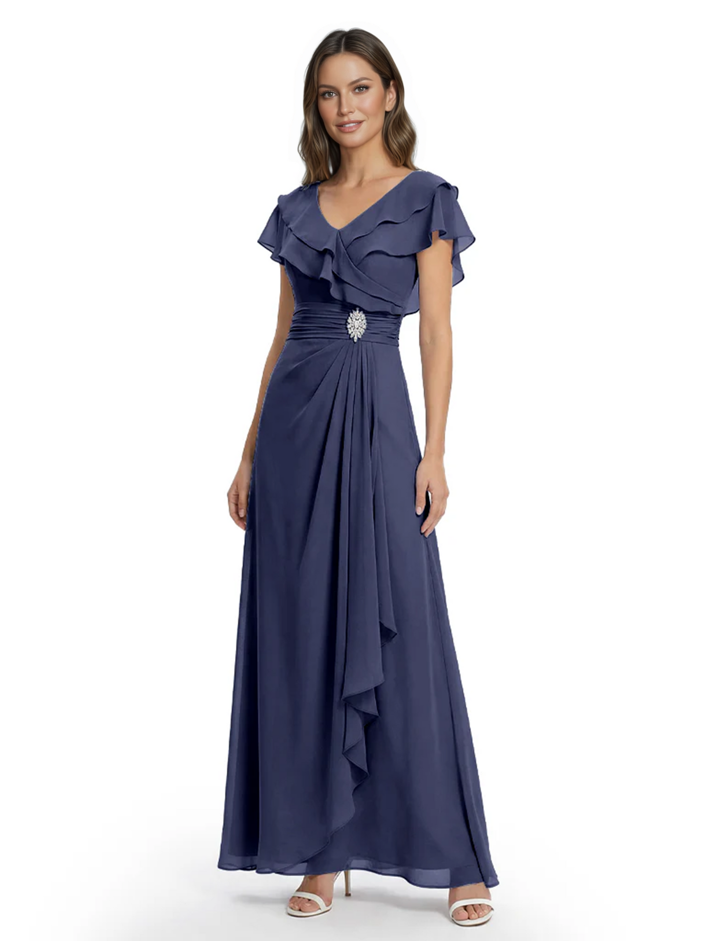 Elegant Mother of the Groom Dress Cascading Ruffle Chiffon Formal Gown Rhinestone