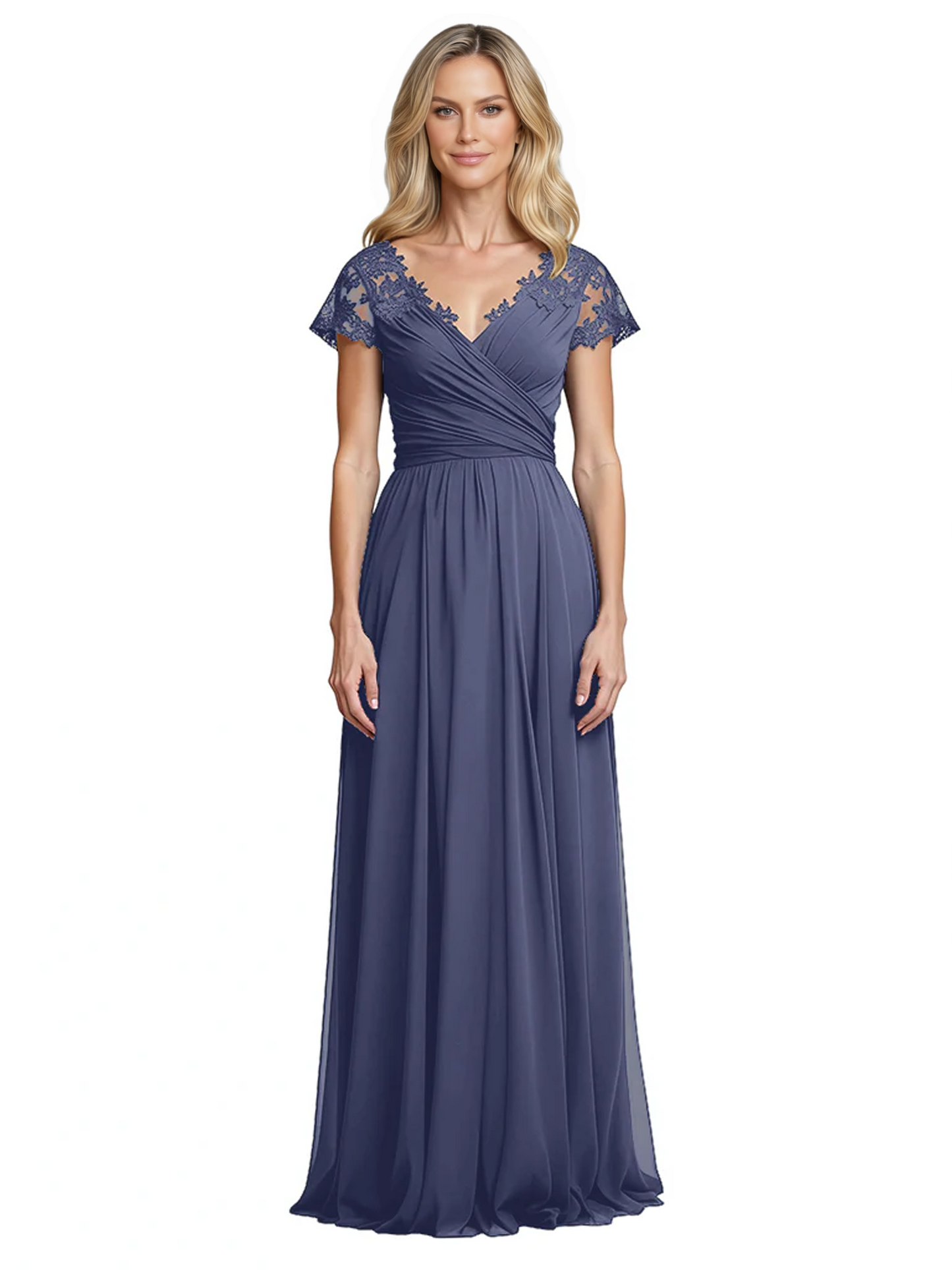 Mother of the Bride Dress Cap Sleeves and V-Neckline with Embroidered Lace Shoulders