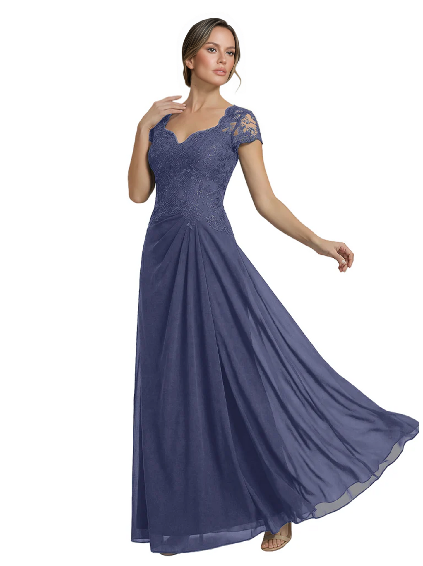 Long A-line Chiffon Short Sleeves Mother of the Brides Dresses Lace Wedding