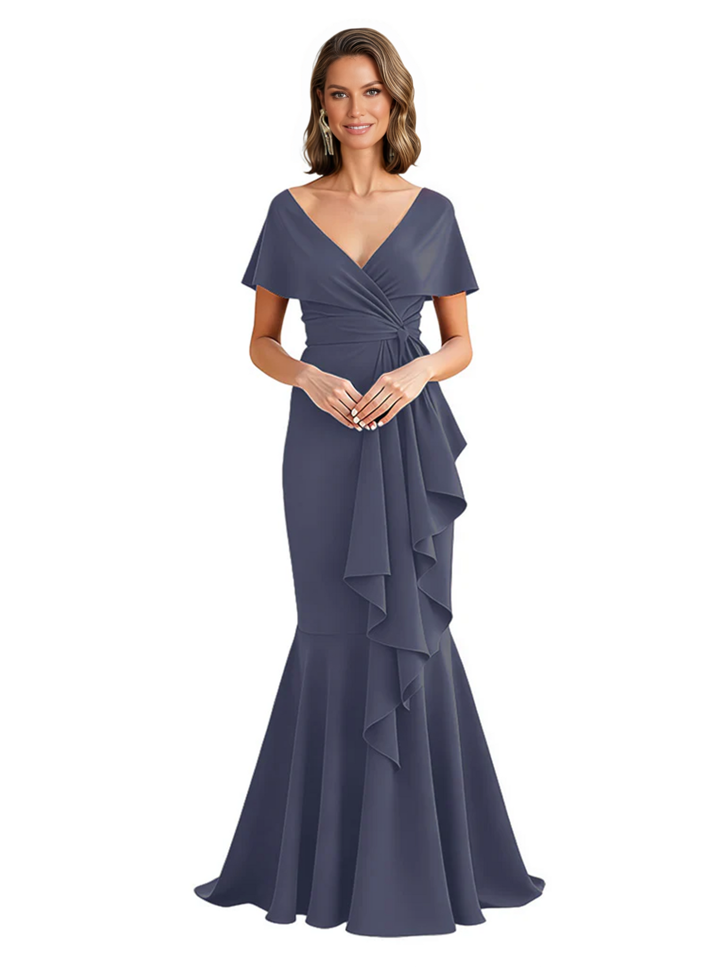 Satin Mother of the Bride Dress with Cascading Ruffles and Mermaid Tail V-Neck