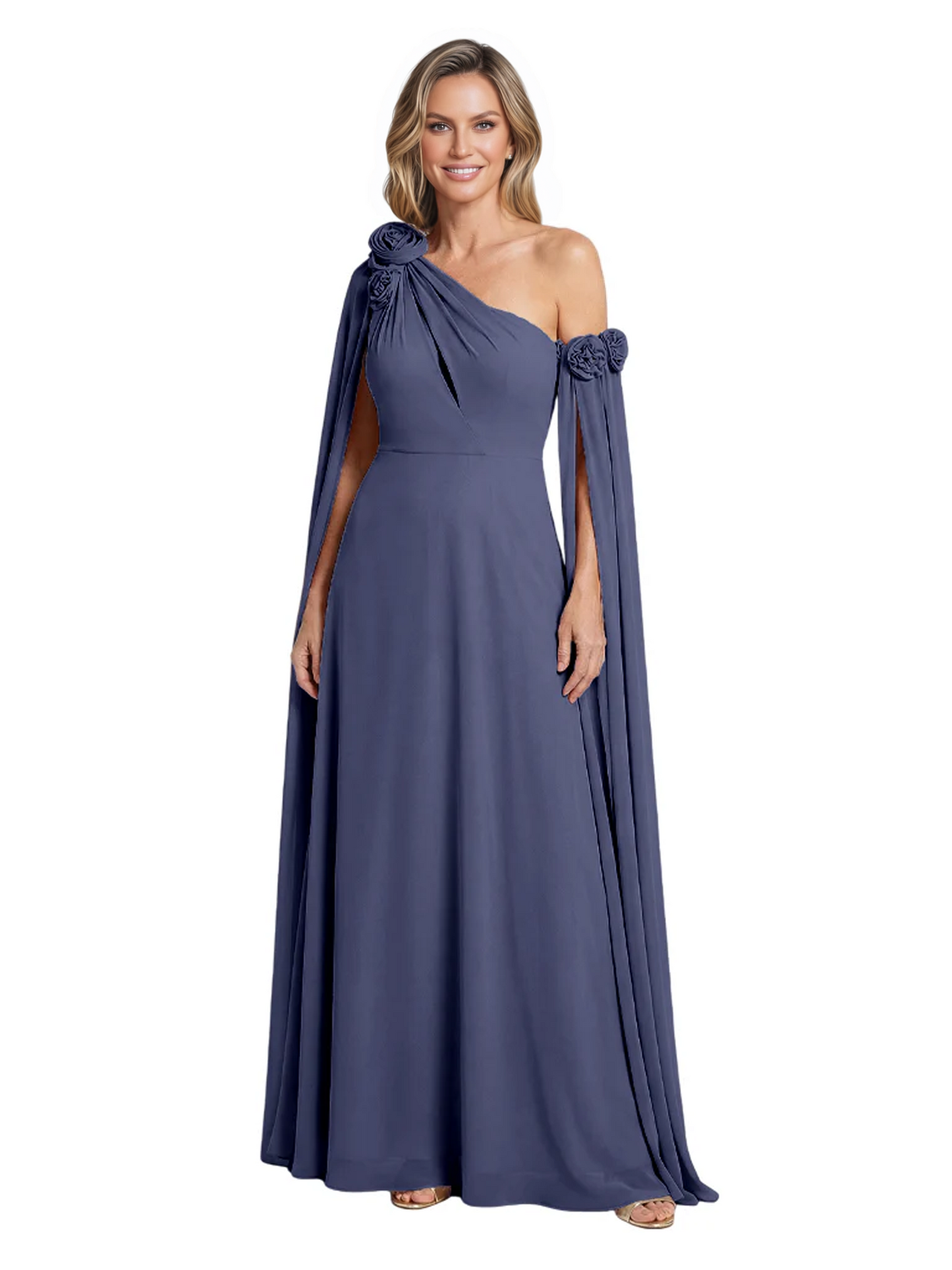 One Shoulder Mother of the Bride Dress Asymmetrical Cape Sleeve Gown with Floral