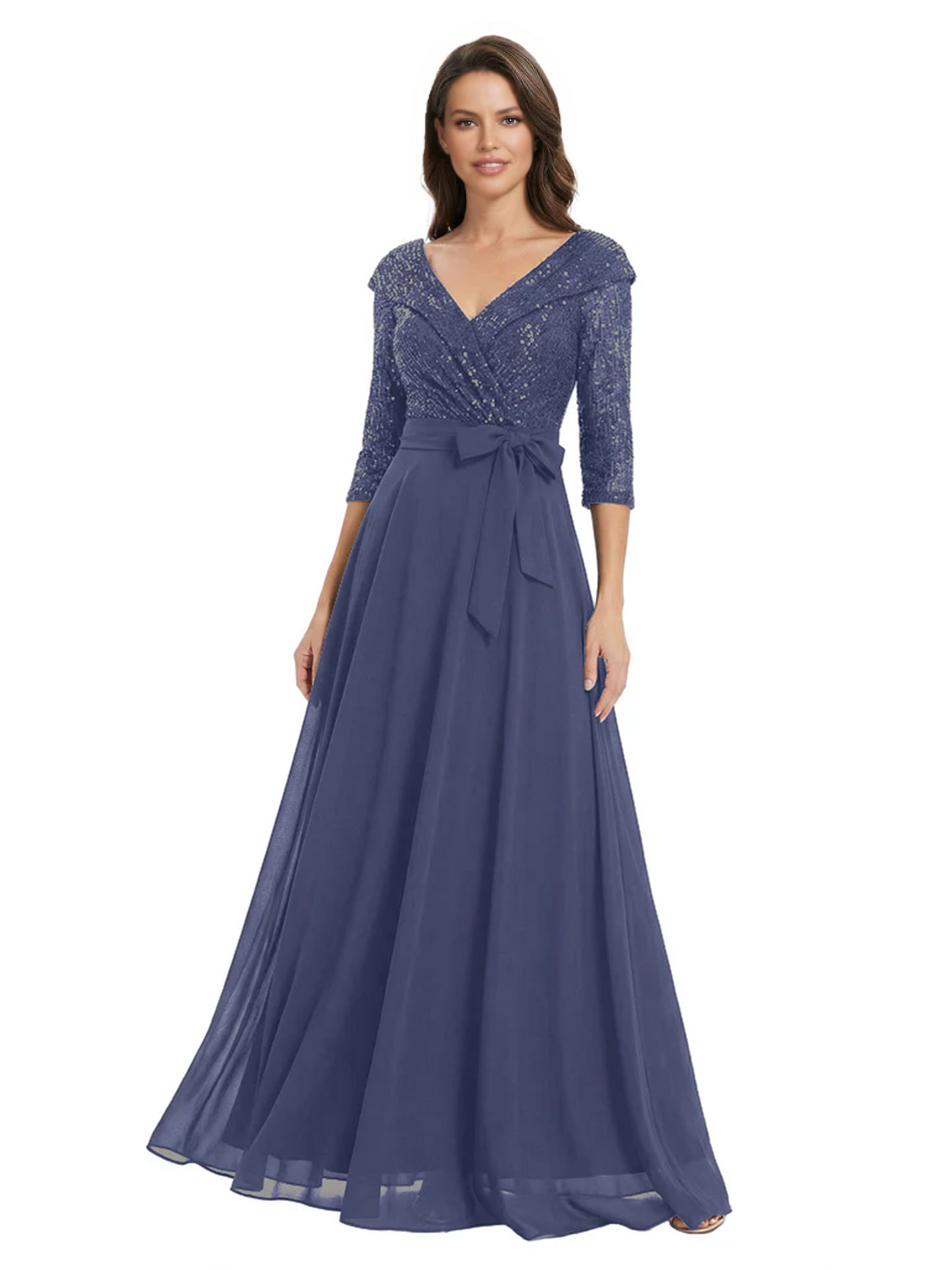 Chiffon Mother of the Bride Dress with Sequin V-Neck and Elegant Bow Sash