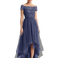 Formal High-Low Mother of the Bride Gown Short Sleeve Lace Maxi Dress with Tiered Skirt