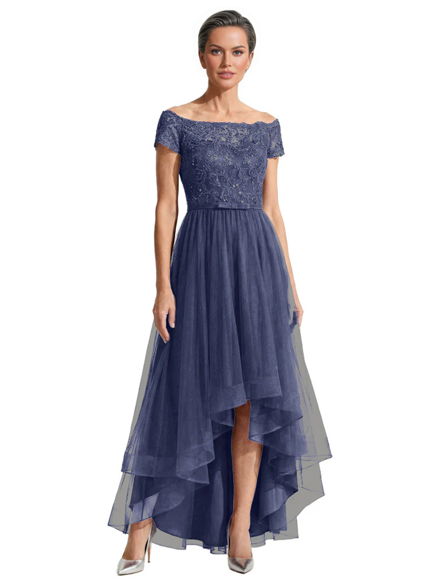Formal High-Low Mother of the Bride Gown Short Sleeve Lace Maxi Dress with Tiered Skirt