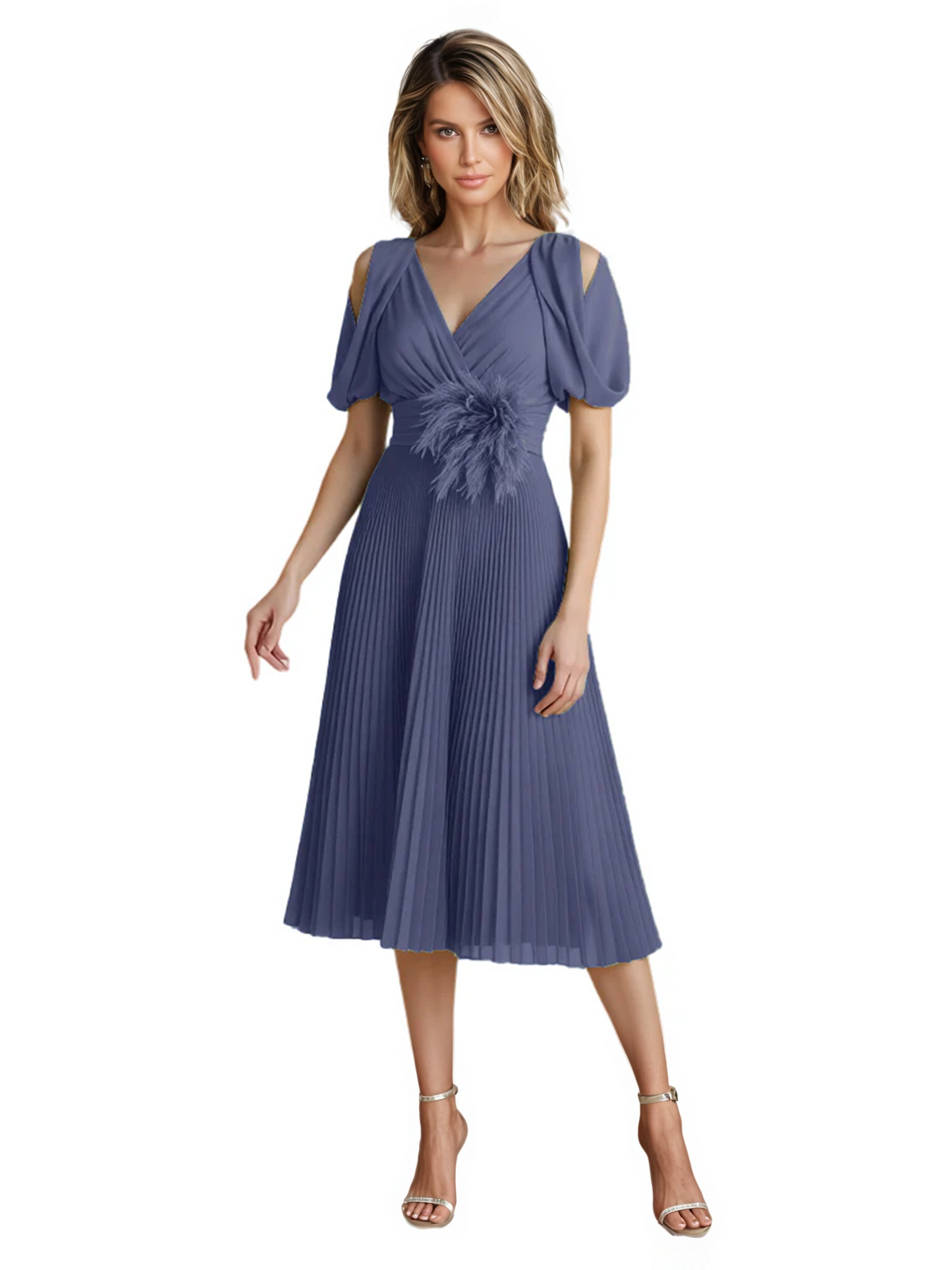 Wedding Formal Dress V-Neck Pleated Chiffon Gown with 3D Flower Accent Knee Length