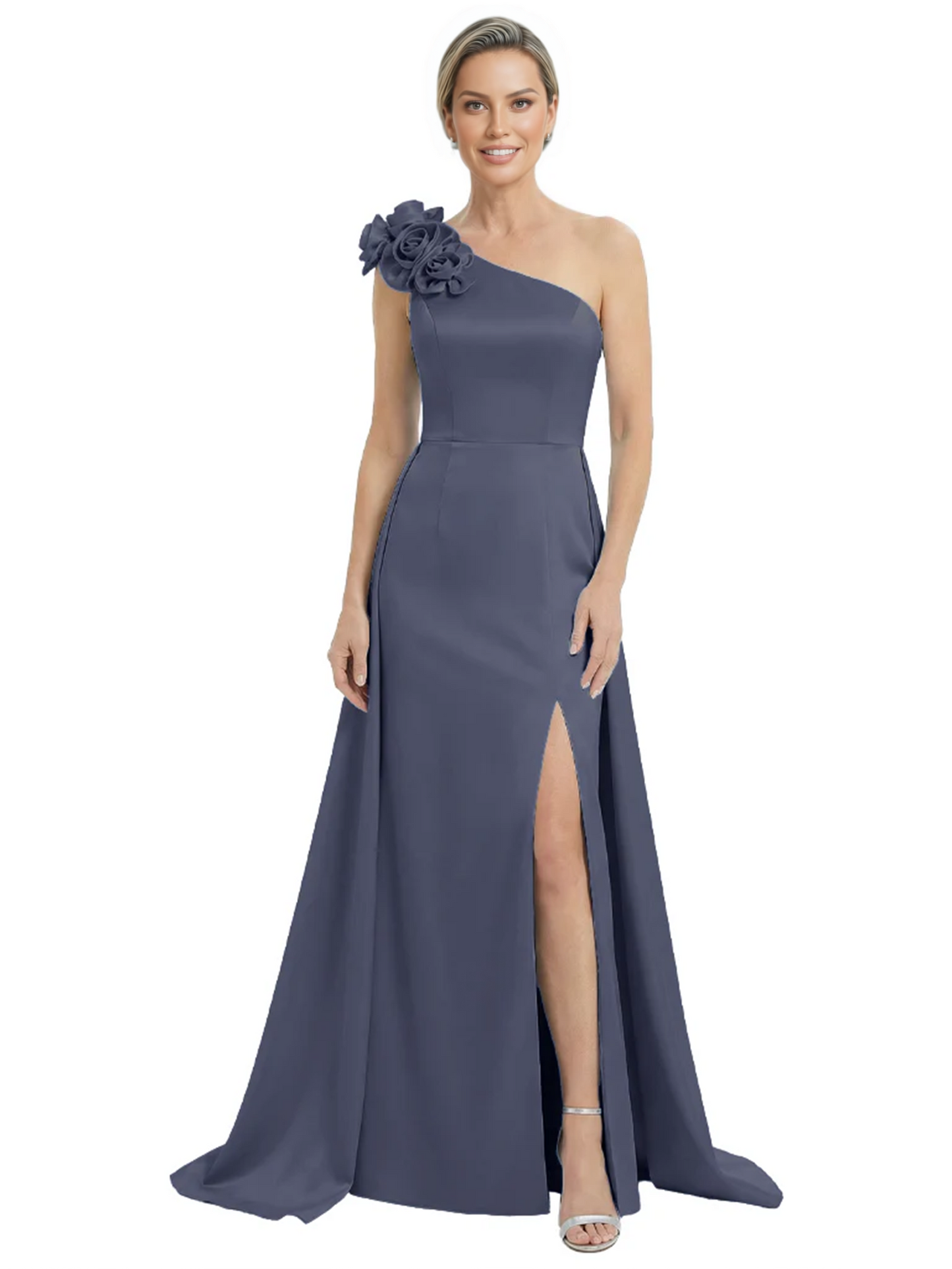 One Shoulder Mother of the Bride Dress with 3D Floral Detail Formal Dress A-Line Gowns with Slit