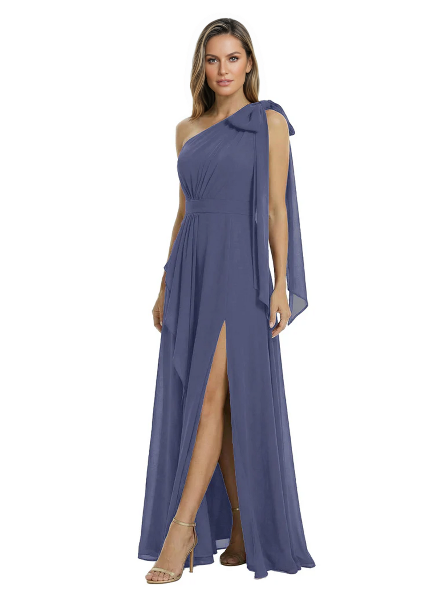 One-Shoulder Mother of the Bride Dress Chiffon Gown with Long Sash Detail
