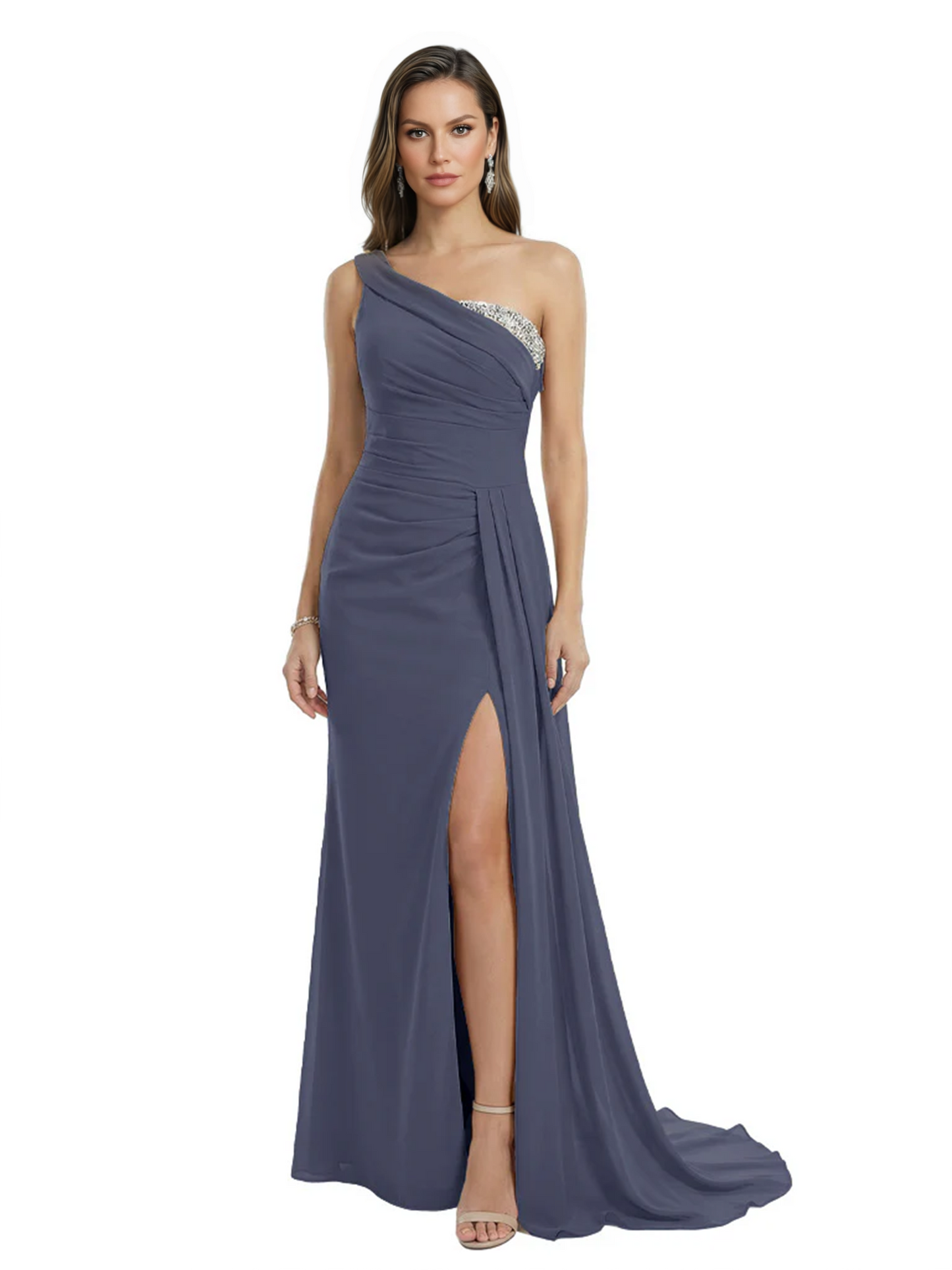 One Shoulder Mother of Bride Dress Ruffle Formal Gowns Mermaid Floor Length Train Slit