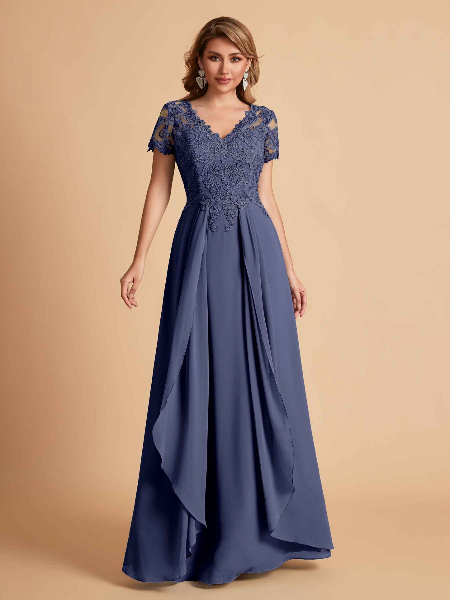 Elegant A-Line Chiffon Short Sleeves V-neck Mother of the Brides Dresses Lace Top MOB Dresses